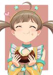  1girl absurdres ahoge bare_shoulders blush bread brown_hair chocolate_bread clothing_cutout detached_sleeves dress eating food food_on_face frilled_dress frills grid_background hair_ornament hairband hakozaki_serika happy heart highres holding holding_food idolmaster idolmaster_million_live! idolmaster_million_live!_theater_days kasabutap long_hair multicolored_clothes multicolored_dress pink_background simple_background smile solo star_(symbol) twintails two-tone_background white_background yellow_sleeves 