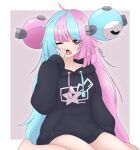  1girl absurdres black_hoodie blue_hair brown_eyes covering_mouth hair_ornament hand_over_own_mouth highres hood hoodie iono_(pokemon) long_hair looking_at_viewer magnemite messy_hair multicolored_hair novabunvt one_eye_closed pink_hair pokemon pokemon_sv signature simple_background sleepy solo two-tone_hair yawning 