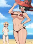  1boy 1girl adjusting_clothes adjusting_headwear aldharoku aqua_eyes bare_shoulders beach bikini black_choker black_hair blonde_hair blue_bikini breasts bridget_(guilty_gear) bulge choker cleavage covered_nipples covered_testicles front-tie_bikini_top front-tie_top green-tinted_eyewear green_eyes grin guilty_gear guilty_gear_strive hat highres i-no large_breasts looking_at_viewer medium_hair micro_bikini mole mole_above_mouth ocean otoko_no_ko outdoors red_bikini red_headwear red_lips short_hair smile standing stomach sunglasses swimsuit tan tinted_eyewear witch_hat 