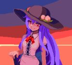  1girl blue_hair bow brodall_pixel commentary_request food fruit hat hinanawi_tenshi leaf long_hair looking_at_viewer peach pixel_art puffy_sleeves red_eyes short_sleeves smile solo touhou very_long_hair 