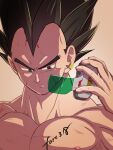  1boy artist_name black_hair closed_mouth dragon_ball dragon_ball_super earrings fuoore_(fore0042) highres holding injury jewelry male_focus muscular muscular_male nipples scouter short_hair solo spiked_hair upper_body vegeta 