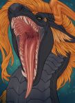  2023 ambiguous_gender bodily_fluids dated dragon feral front_view green_eyes grey_body grey_scales hair hi_res horn long_neck looking_at_viewer mouth_shot open_mouth orange_hair orange_horn pupils red_tongue riorix saliva saliva_string scales scalie sign signature slit_pupils solo tongue 