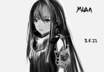  1girl absurdres black_hair girls&#039;_frontline highres long_hair looking_at_viewer m4a1_(girls&#039;_frontline) monochrome ryoushi_akanagi 