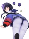  1girl :q ass ass_focus black_hair blush grey_eyes highres jacket jacket_partially_removed looking_at_viewer looking_back low_twintails nijisanji pantyhose ponto_nei rocha_(aloha_ro_cha) sailor_collar shorts simple_background solo tongue tongue_out twintails virtual_youtuber white_background 