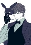  16onyx 1boy bow bowtie closed_mouth collared_shirt domino_mask facial_hair gloves hair_between_eyes hand_up holding holding_mask jacket jacket_on_shoulders long_sleeves male_focus mask mask_removed monochrome rabbit_mask shirt short_hair sideways_glance simple_background smile solo stubble tachikawa_kei traditional_bowtie upper_body vest world_trigger 
