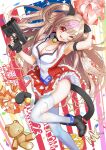  1girl ;q absurdres american_flag armpits bell black_choker black_gloves boots breasts brown_hair cat_tail choker cleavage clothing_cutout commentary_request dress fang fingerless_gloves foot_out_of_frame frilled_dress frills girls&#039;_frontline gloves gun h&amp;k_mark_23 handgun heart heart_cutout highres holding holding_gun holding_pom_poms holding_weapon kotoba_suzu large_breasts looking_at_viewer mk23_(girls&#039;_frontline) multicolored_hair neck_bell one_eye_closed panties pink_hair pink_panties pom_pom_(cheerleading) red_eyes sleeveless sleeveless_dress smile solo streaked_hair stuffed_animal stuffed_toy tail tail_bell tail_ornament teddy_bear thighhighs tongue tongue_out trigger_discipline twintails underwear weapon white_thighhighs 
