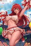 1girl :d breasts cheerleader confetti crown day exlic high_school_dxd highres large_breasts lips long_hair navel outdoors panties pantyshot red_footwear red_hair rias_gremory shoes short_shorts shorts sky smile sneakers solo_focus stadium standing standing_on_one_leg underboob underwear white_panties 