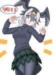  1girl bentmen bird_girl bird_tail bird_wings black_hair black_pantyhose black_sweater blonde_hair blush cowboy_shot green_eyes green_skirt grey_hair hair_between_eyes head_wings highres japanese_cormorant_(kemono_friends) jewelry kemono_friends long_hair long_sleeves looking_at_viewer multicolored_hair necklace pantyhose pleated_skirt sidelocks skirt solo sweater tail translation_request turtleneck turtleneck_sweater wings 