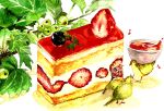  bird cake eighth_note food food_focus fruit kuwayanagi leaf musical_note original painting_(medium) plant shadow simple_background strawberry strawberry_shortcake strawberry_slice traditional_media watercolor_(medium) white_background 