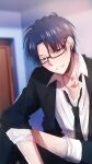  1boy black_jacket blazer blue_hair closed_mouth collared_shirt glasses highres indoors jacket kuboyasu_aren lapels long_sleeves looking_at_viewer male_focus notched_lapels open_clothes open_jacket saiki_kusuo_no_psi_nan shirt short_hair sleeves_past_elbows sleeves_rolled_up solo unkopantu white_shirt 