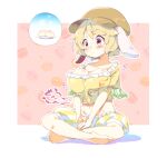  1girl animal_ears baozi barefoot blonde_hair blush breasts brown_headwear cleavage closed_mouth commentary flat_cap floppy_ears food food-themed_background full_body groin hat hungry indian_style large_breasts navel pink_background rabbit_ears red_eyes ringo_(touhou) short_hair short_sleeves shorts sitting solo striped striped_shorts sweatdrop tanasuke thought_bubble touhou vertical-striped_shorts vertical_stripes yellow_shorts 