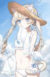  1girl animal_ear_fluff animal_ears bandaid_on_tail bikini blonde_hair blue_eyes blue_ribbon blue_sky blunt_bangs cat_ears cat_girl cat_tail cloud cloudy_sky cropped_legs drill_hair extra_ears hair_ornament hairclip hat hat_ribbon highres long_hair looking_at_viewer luna_(luna610) midriff navel original ribbon shawl sky sleeves_past_fingers sleeves_past_wrists stomach sun_hat swimsuit tail twin_drills twintails twitter_username white_bikini white_shawl 