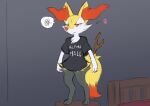  3_fingers annoyed anthro bed biped braixen clothed clothing dipstick_tail female female_symbol fingers fur furniture gender_symbol generation_6_pokemon hi_res inner_ear_fluff markings nintendo pokemon pokemon_(species) red_body red_fur sealer4258 shirt simple_background solo speech_bubble stick symbol tail tail_markings topwear tuft white_body white_fur yellow_body yellow_fur 