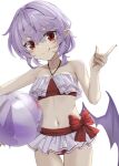  1girl ;q akisome_hatsuka balloon bikini closed_mouth commentary_request cowboy_shot frilled_bikini frills index_finger_raised looking_at_viewer navel one_eye_closed red_eyes remilia_scarlet simple_background smile solo swimsuit tongue tongue_out touhou white_background 