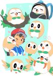  1boy ajinomisni ash_ketchum backpack bag bird black_eyes black_hair blue_shirt blush border branch bright_pupils brown_hair closed_eyes highres hug open_mouth owl pokemon pokemon_(anime) pokemon_sm_(anime) puffy_cheeks red_headwear rowlet shirt short_hair short_sleeves sleeping t-shirt white_border white_pupils 