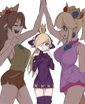  3girls blonde_hair bracelet breast_conscious brooch brown_hair crown dress high_five highres hooded_dress jewelry mario_(series) mario_power_tennis mario_tennis mini_crown multiple_girls pea_(poopingirl) princess_daisy princess_peach short_dress short_shorts shorts sleeveless smile spiked_bracelet spikes warupeach 