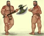  1boy abs alternate_costume arm_hair ass axe bara barbarian battle_axe beard body_hair bulge chest_hair commission eyebrow_cut facial_hair full_body grin growlygruntz hairy holding holding_axe large_pectorals league_of_legends leg_hair loincloth looking_at_viewer male_focus mature_male multiple_views muscular muscular_male navel_hair nipples pectorals short_hair shoulder_tattoo sideburns smile stomach tattoo thick_eyebrows thick_thighs thighs thumbs_up topless_male tribal udyr undercut weapon 