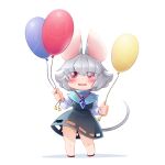  1girl animal_ears balloon bbb_(33kudo) blue_capelet blush capelet commentary_request crystal eyes_visible_through_hair flat_chest full_body grey_hair grey_skirt grey_vest hair_between_eyes highres holding holding_balloon jewelry long_sleeves looking_at_viewer medium_bangs mouse_ears mouse_girl mouse_tail nazrin no_panties open_mouth pendant red_eyes shirt short_hair simple_background skirt smile solo standing tail touhou vest white_background white_shirt 