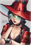  1girl black_choker black_gloves black_hair breasts choker cleavage dated fingerless_gloves gloves green-tinted_eyewear guilty_gear guilty_gear_strive hat highres i-no large_breasts looking_at_viewer mole mole_above_mouth parted_lips red_headwear red_lips red_nails short_hair short_sleeves sptn_00 sunglasses tinted_eyewear venus_symbol witch_hat 