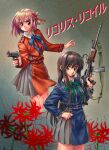  1990s_(style) 2girls absurdres assault_rifle black_hair blonde_hair blue_dress blue_eyes dress finger_on_trigger grey_background gun handgun highres imi_galil inoue_takina long_hair long_sleeves longmei_er_de_tuzi lycoris_recoil lycoris_uniform m1911 multiple_girls neck_ribbon nishikigi_chisato red_dress red_eyes retro_artstyle ribbon rifle short_hair skirt trigger_discipline two-tone_dress weapon 