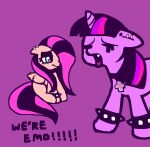  collar duo ear_piercing emo equid equine female feral fluttershy_(mlp) friendship_is_magic hasbro hi_res horn mammal meme my_little_pony open_mouth pegasus piercing punk purple_background sad simple_background twilight_sparkle_(mlp) unicorn wings yakkotsuki 