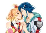 1boy 1girl ^_^ blonde_hair blue_hoodie blue_shirt bow closed_eyes collarbone colored_tips commission couple detached_sleeves dress english_commentary freyja_wion hair_bow hair_ornament hairclip hayate_immelmann heart heart_hair_ornament hetero holding_hands hood hoodie jacket jewelry macross macross_delta multicolored_hair necklace orange_hair parted_lips pink_dress puffy_short_sleeves puffy_sleeves red_bow red_vest sauto-0chka shirt short_hair short_sleeves simple_background smile vest watermark web_address white_background white_jacket 