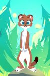  2023 anthro blue_eyes brown_body brown_fur chest_tuft cloud detailed_background digital_media_(artwork) featureless_crotch fur head_tuft hi_res hydrabb inner_ear_fluff looking_at_viewer mammal mustelid nude outside plant sky solo standing tree tuft white_body white_fur 