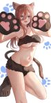  1girl :d absurdres alternate_costume animal_ear_fluff animal_ears animal_hands arms_up bare_shoulders black_fur blue_eyes blush breasts brown_hair cat_ears cat_tail cleavage collarbone commentary cowboy_shot curvy eyebrows_hidden_by_hair eyelashes fangs gloves go-toubun_no_hanayome groin hair_between_eyes highres large_breasts long_hair looking_at_viewer nakano_miku navel open_mouth paw_gloves paw_pose paw_print raikun_raikun ribs shiny_skin sidelighting sidelocks simple_background smile solo standing standing_on_one_leg stomach straight_hair tail teeth thighs underboob upper_teeth_only white_background 