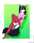  4:5 anthro black_hair blue_eyes blue_hair blue_highlights breasts canid canine cheek_tuft cleavage clothed clothing colored digital_media_(artwork) facial_tuft female flat_colors floating foxboy83 full-length_portrait fur grey_clothing grey_panties grey_underwear hair heterochromia hi_res highlights_(coloring) long_hair mammal oversized_shirt panties pink_clothing pink_shirt pink_topwear portrait purple_eyes red_body red_fur shirt simple_background solo topwear tuft underwear white_body white_fur 