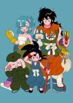  1girl 2boys animal aqua_eyes aqua_hair belt black_eyes black_footwear blue_footwear blush_stickers boots breasts bright_pupils bulma chinese_clothes clothes_writing collarbone dot_nose dougi dragon_ball dragon_ball_(classic) dragon_radar fanny_pack fingernails full_body gloves green_pants hair_between_eyes hair_bobbles hair_ornament hand_in_pocket hand_on_own_ear hand_on_weapon hand_up hat highres holding holding_weapon katana kodama_(marugoto_omikan) leaning_to_the_side light_blue_background long_hair looking_afar loose_socks medium_breasts medium_hair messy_hair military military_hat military_jacket military_uniform multiple_boys muscular muscular_male neckerchief nyoibo one_side_up oolong orange_neckerchief orange_pants pants parted_lips pink_footwear puar purple_socks purple_wristband red_wristband shading_eyes sheath sheathed shoes side-by-side simple_background sneakers socks son_goku spiked_hair straight_hair strapless sword tareme tassel tube_top uniform weapon white_pupils wide-eyed wristband yamcha yellow_gloves 