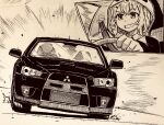  1girl absurdres animal_hood car commentary_request datsan driving earrings fang highres hood jewelry marker_(medium) mitsubishi monochrome motor_vehicle nijisanji panda_hood sasaki_saku seatbelt skin_fang smile solo speed_lines sweatdrop traditional_media virtual_youtuber 