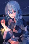  1girl :d absurdres blue_eyes blue_flower blue_hair blue_kimono blue_nails blue_rose braid braided_ponytail floral_print flower hair_flower hair_ornament highres holding_fireworks hololive hoshimachi_suisei japanese_clothes kimono looking_at_viewer low_side_ponytail night night_sky nisi_ki_no obi open_mouth print_kimono rose sash sky smile solo star_(sky) starry_sky virtual_youtuber 