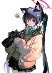  1girl animal_ear_fluff animal_ears aqua_ribbon black_hair black_skirt blue_archive blue_headphones camera cat_ears cat_girl closed_mouth commentary extra_ears foreshortening green_scarf hair_ribbon halo han-0v0 headphones headphones_around_neck highres holding holding_camera jacket long_hair long_sleeves looking_at_object looking_down pink_jacket pleated_skirt puffy_long_sleeves puffy_sleeves red_eyes red_halo ribbon scarf serika_(blue_archive) simple_background skirt sleeves_past_wrists symbol-only_commentary twintails v-shaped_eyebrows very_long_hair white_background 