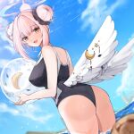  1girl :d angel_wings ass ball bare_back beachball black_one-piece_swimsuit blue_archive blue_sky blunt_bangs blurry cloud cloudy_sky commentary_request competition_school_swimsuit depth_of_field double_bun feathered_wings flower from_behind hair_bun hair_flower hair_ornament hair_scrunchie halo highres holding holding_ball holding_beachball in_water long_hair looking_at_viewer looking_back mika_(blue_archive) mindoll ocean official_alternate_costume one-piece_swimsuit pink_hair school_swimsuit scrunchie shoulder_blades sidelocks sky sleeveless smile solo swimsuit two-tone_swimsuit wet wet_clothes wet_swimsuit white_wings wings yellow_eyes 