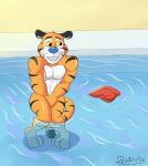  anthro bottomwear clothing covering covering_self daison_the_fox embarrassed felid frosted_flakes fur hi_res kellogg&#039;s male mammal mascot nude orange_body orange_fur pantherine pool public public_nudity shorts solo standing stripes tiger tony_the_tiger underwater water 