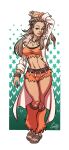  1girl absurdres arm_up armlet artist_name brown_hair hand_up highres jewelry labcoat long_hair long_sleeves midriff navel necklace open_labcoat orange_nails orange_shirt orange_shorts pokemon pokemon_(game) sada_(pokemon) sandals shirt shorts solo sorje starry_background wide_hips 