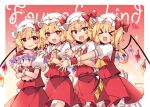  &gt;_&lt; 4girls ascot blonde_hair blush character_doll collared_shirt crystal fangs flandre_scarlet frilled_shirt_collar frills hat kirero long_hair mob_cap multiple_girls multiple_persona one_side_up open_mouth red_eyes red_skirt red_vest remilia_scarlet shirt skirt smile touhou twitter_username vest white_headwear white_shirt wings yellow_ascot 