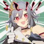  1girl :d asymmetrical_clothes black_choker blush breasts chinese_clothes choker collarbone commentary_request earrings eori_eaka fu_hua fu_hua_(herrscher_of_sentience) gloves grey_hair hair_between_eyes honkai_(series) honkai_impact_3rd jewelry long_hair looking_at_viewer multicolored_hair open_mouth red_eyes single_bare_shoulder single_earring small_breasts smile solo streaked_hair thumbs_up twitter_username white_gloves yellow_pupils 