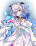  1girl asymmetrical_bangs asymmetrical_hair bare_shoulders blue_flower blush detached_sleeves dress eitr_(fire_emblem) fire_emblem fire_emblem_heroes floating floating_object flower gradient_clothes hair_over_one_eye highres holding horns kakiko210 long_hair looking_at_viewer open_mouth petals puffy_sleeves red_eyes very_long_hair wavy_hair 