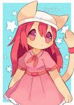  1girl animal_ears animallain blue_background cat cat_ears cat_girl cat_tail closed_mouth dress furry furry_female highres original pink_dress pink_eyes pink_hair surprised tail white_headwear 