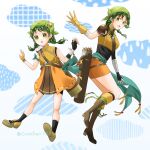  2girls :d :o absurdres aged_down arrow_(projectile) asymmetrical_gloves bandana black_shirt black_socks boots braid cloud dual_persona female_child fingerless_gloves fire_emblem fire_emblem:_the_blazing_blade fire_emblem_heroes gloves green_eyes green_hair highres looking_back medium_hair midori_no_baku multiple_girls official_alternate_costume open_mouth quiver rebecca_(fire_emblem) shirt shoes sleeveless smile socks twin_braids twintails twitter_username white_background yellow_gloves 