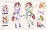  2girls ahoge animal_ear_fluff animal_ears arm_up bike_shorts black_shorts brown_hair dress fang full_body green_dress green_eyes green_footwear hair_ornament hairclip hood indie_virtual_youtuber kneehighs kuri_(animejpholic) long_hair looking_at_viewer multiple_girls open_mouth purple_dress purple_eyes purple_footwear ribbon salute shoes shorts shorts_under_dress siblings sisters smile socks tail twins twintails white_socks 