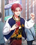 4boys belt building card_(medium) cellphone clenched_hand fingernails green_eyes idolmaster idolmaster_side-m idolmaster_side-m_growing_stars jacket male_focus mayumi_eishin multiple_boys official_art open_clothes open_jacket phone red_hair smartphone star_(symbol) sunglasses teeth upper_teeth_only 