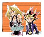  1boy 1girl asa03sk black_hair blonde_hair breasts clenched_teeth commentary_request duel_disk height_difference kujaku_mai long_hair medium_breasts millennium_puzzle purple_eyes red_eyes red_hair spiked_hair teeth trembling yami_yuugi yu-gi-oh! yu-gi-oh!_duel_monsters 
