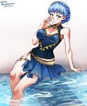  1girl adapted_costume bare_shoulders blue_hair blue_one-piece_swimsuit blush braid breasts brown_eyes casual_one-piece_swimsuit cleavage crown_braid fire_emblem fire_emblem:_three_houses fire_emblem_heroes fire_emblem_warriors:_three_hopes hand_on_own_cheek hand_on_own_face large_breasts looking_at_viewer marianne_von_edmund mina_cream official_alternate_hairstyle one-piece_swimsuit open_mouth sarong short_hair smile solo swimsuit 