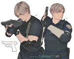  1boy aiming artist_name black_gloves black_shirt blonde_hair blue_shirt bulletproof_vest fingerless_gloves furrowed_brow gloves grey_shirt gun handgun holding holding_gun holding_weapon leon_s._kennedy long_sleeves male_focus parted_bangs police police_uniform resident_evil resident_evil_4 resident_evil_4_(remake) sardine_(kjr0313) shirt shirt_under_shirt short_hair short_sleeves signature solo sweatdrop t-shirt uniform upper_body watch weapon white_background wristwatch 