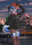  anthro bottomwear bulge canid canine clothed clothing crossdressing detailed_bulge ear_piercing fernley fox hi_res male mammal one_eye_closed piercing public skirt tongue tongue_out underwear upskirt wink 