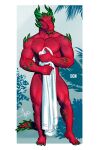  anthro athletic athletic_male bgn claws dragon dragon_fruit elemental_creature flora_fauna food food_creature fruit hi_res holding_object holding_towel horn living_fruit male muscular muscular_male nipples nude pecs plant red_body smile solo spikes towel wingless_dragon 