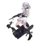  1girl black_footwear black_socks breasts cuts epaulettes from_side full_body girls&#039;_frontline grin gun h&amp;k_sl8 highres holding holding_gun holding_weapon injury kneehighs large_breasts lightning_bolt_symbol looking_at_viewer looking_to_the_side marching_band medium_hair midriff official_alternate_costume official_art purple_eyes reloading scrape sharp_teeth shirt shoe_soles shorts shuzi simple_background sl8_(girls&#039;_frontline) sl8_(improvised_rhapsody)_(girls&#039;_frontline) smile socks solo teeth torn_clothes torn_shirt torn_shorts torn_socks transparent_background weapon weapon_case white_hair white_short white_shorts white_uniform 