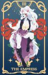  absurd_res anthro atomicmarshmallow breasts canid canine canis card clothed clothing digital_media_(artwork) dress female fur hair heterochromia hi_res long_boots mammal muscular muscular_anthro scar smile solo tarot_card white_hair wolf 